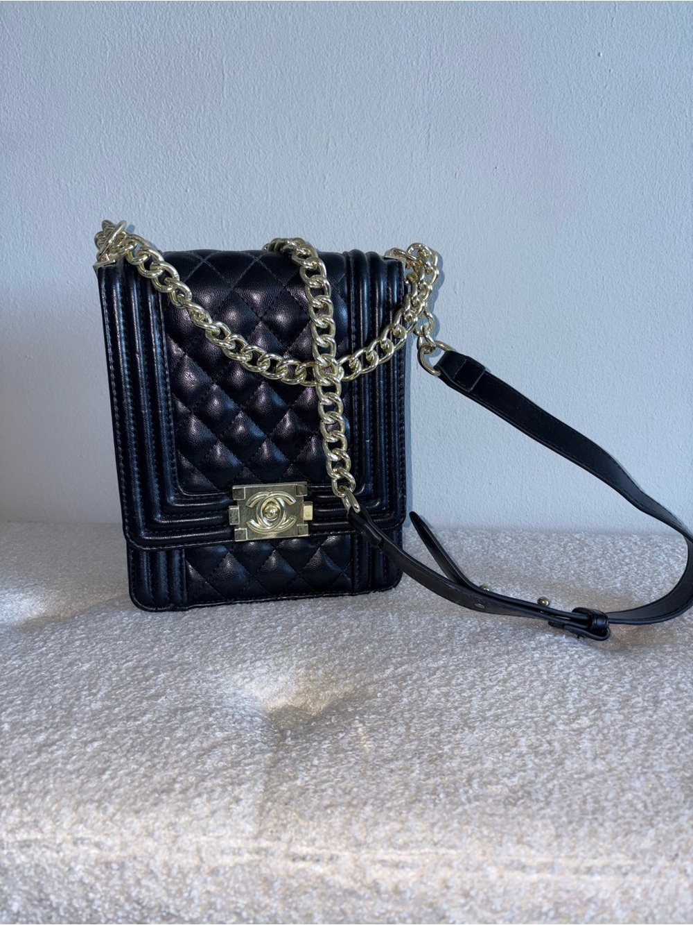 Black Quilted Chain-Accent Women's Crossbody Bag
